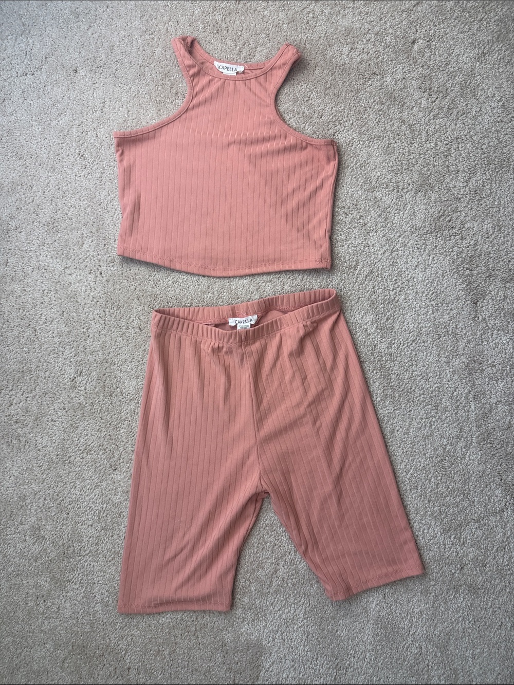 Women's Ribbed Tank and Bike Shorts Set - Peach